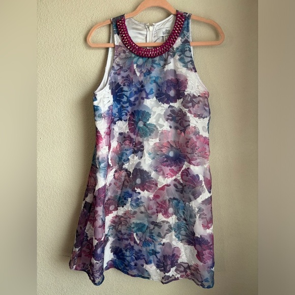 Belle Badgley Mischka Olga Watercolor Floral Lace Overlay Swing Sheath Dress 6 - Picture 3 of 12